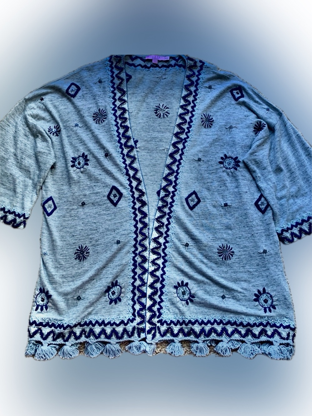 Calypso St. Barth Light Blue Embroidered Open-Front Sweater Cardigan from Malibu